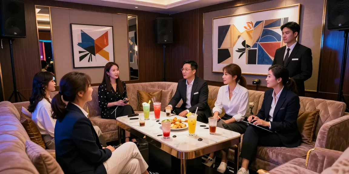 강남구구단에서 고급스러운 프라이빗 룸을 즐기는 전문직 종사자들, 안락한 좌석과 고급스러운 음향 시스템이 있는 분위기