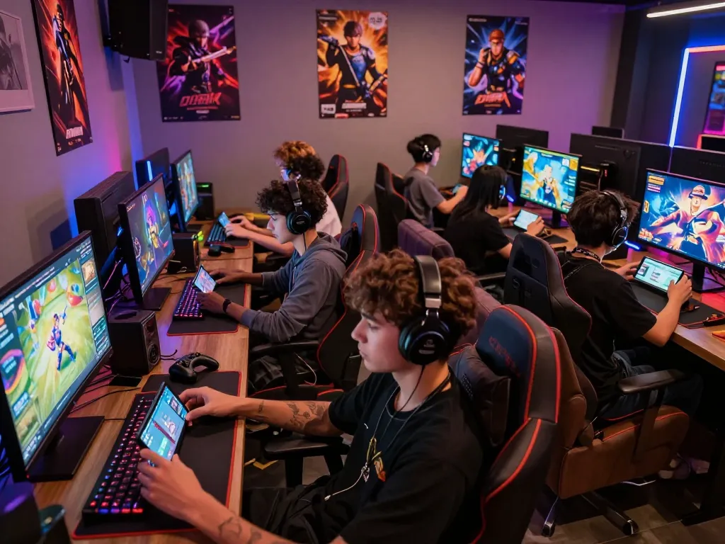 Players enjoying the autowin88 mobile gaming platform in a lively lounge, surrounded by vibrant lighting and gaming accessories.