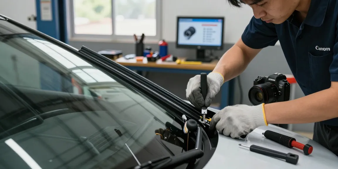 Technician installing a soft wiper blade on a vehicle in a professional garage.