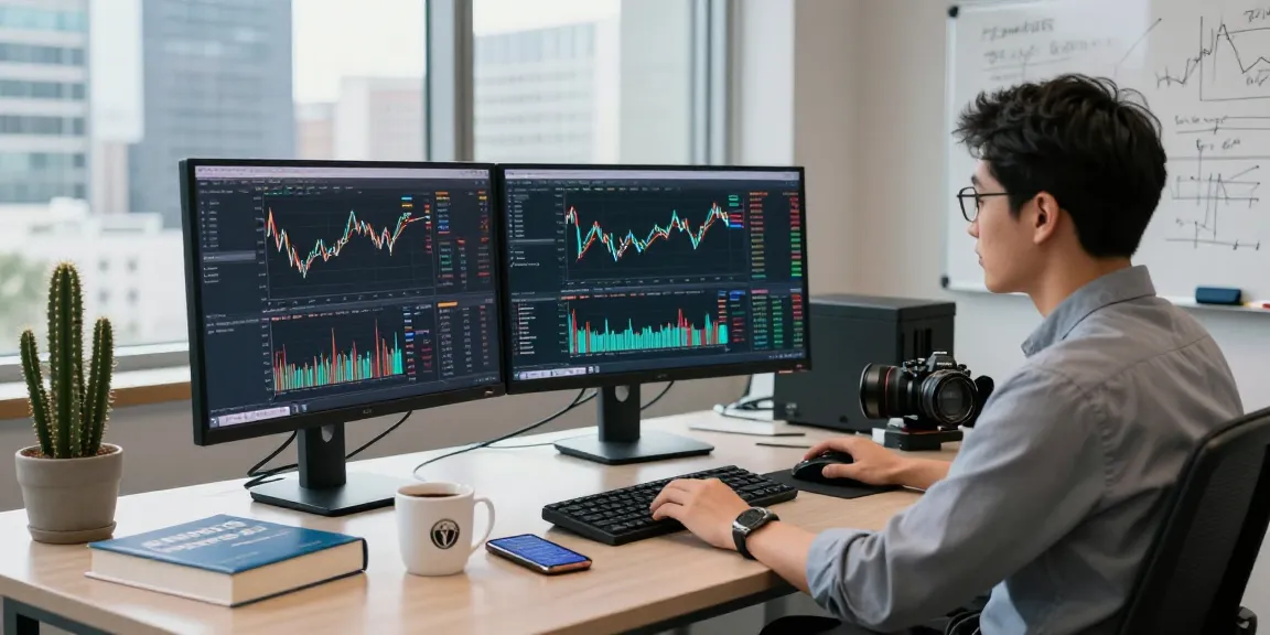 Nikkei 225 index API data displayed in a vibrant trading workspace with monitors and city view