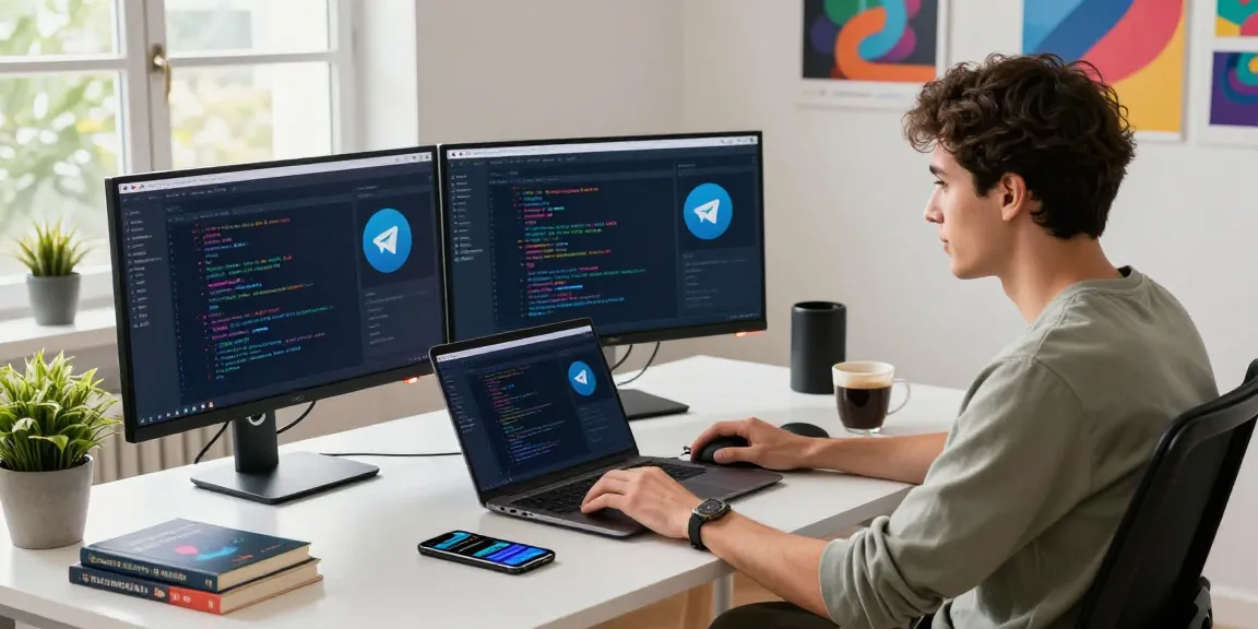 Developer coding in modern office showcasing 纸飞机下载 and tech gadgets, innovation-driven workspace.