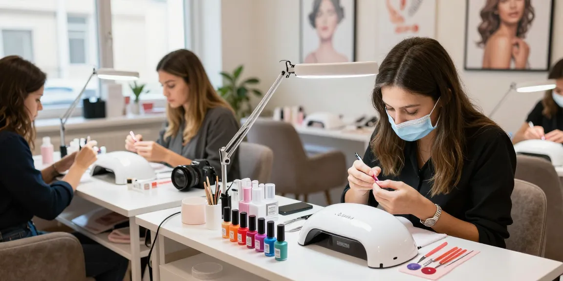 Tehnician profesionist de unghii lucrând cu kitul de unghii gel într-un salon luminos, prezentând lacuri de gel vibrante și unelte.