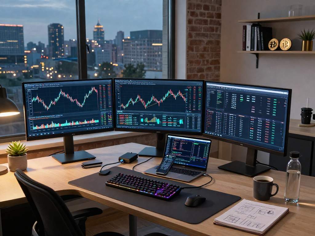 metatrader 5 官网，专业交易者在家中现代化办公桌前分析加密货币市场数据，显示比特币和以太坊交易区间。