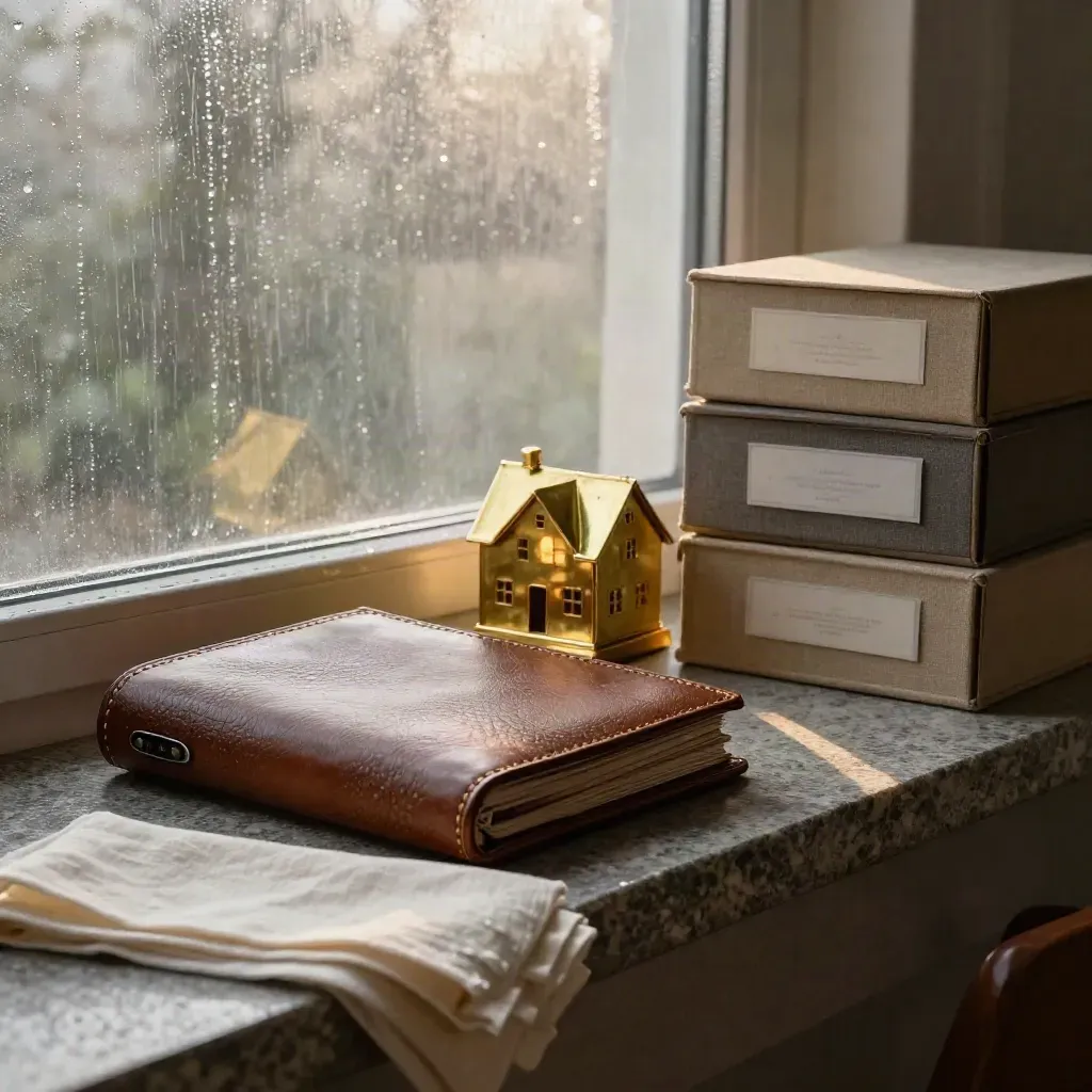 Walnut wealth tableau with leather case, brass house model and archive boxes by a rain-lit window.