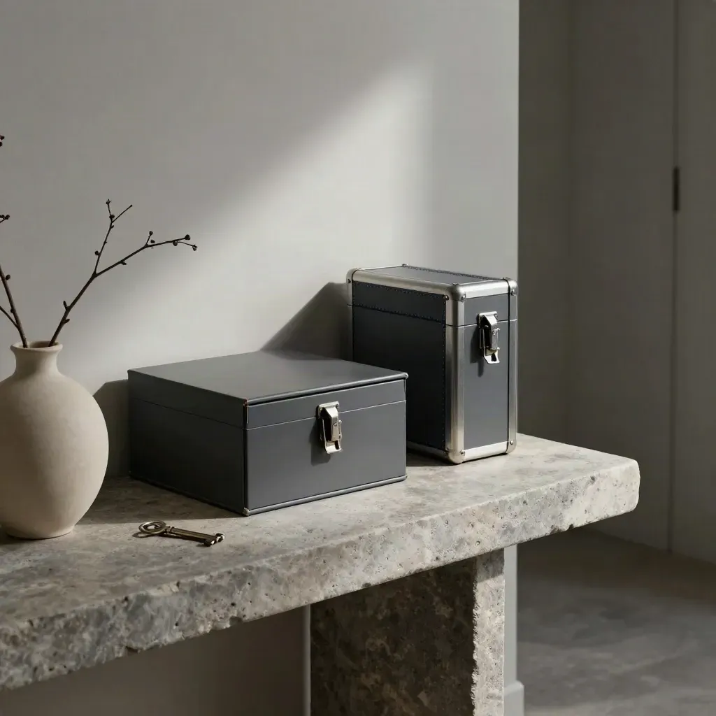 Stone console with a locked document box, fireproof case, and ceramic branch under cool late-morning light.
