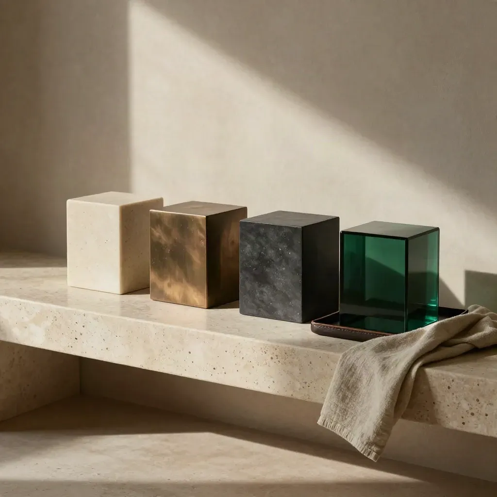 Travertine bench with four tactile blocks, leather tray and linen in dramatic side light.
