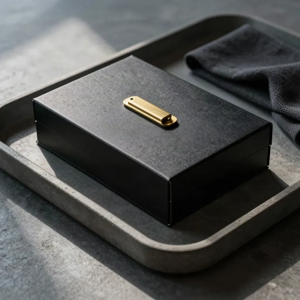 Top-down black presentation box, brass clip and charcoal cloth on a concrete tray.