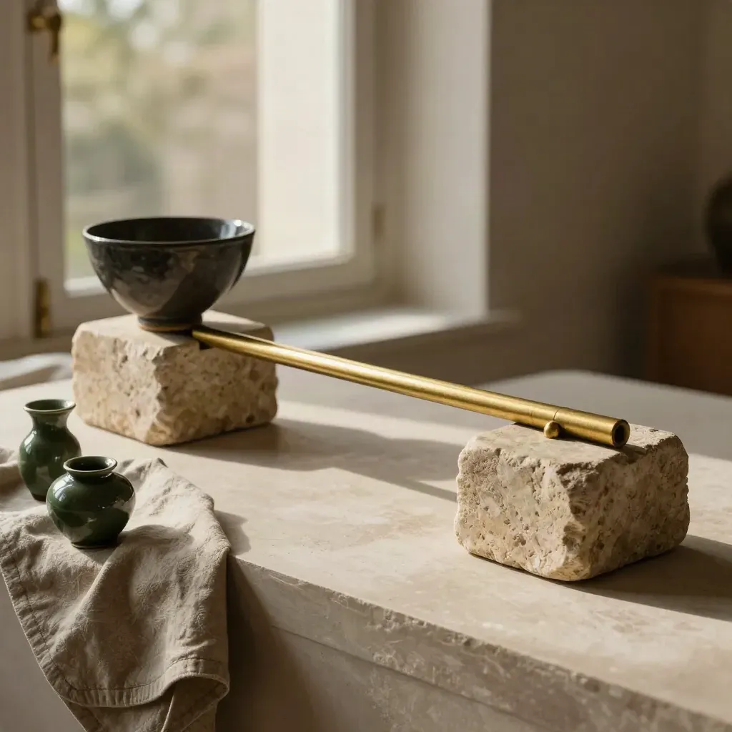 Stone plinths joined by brass bar with bowl and linen in warm window light