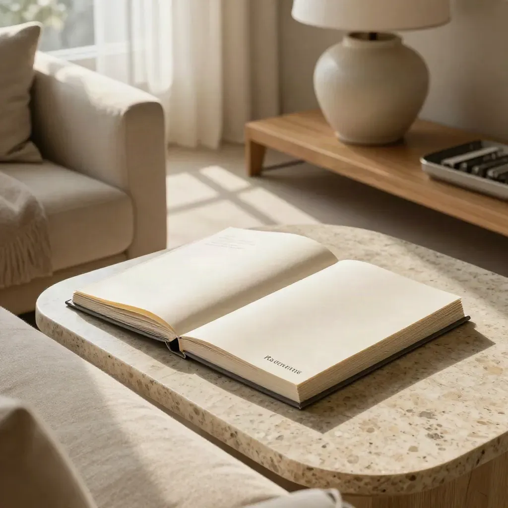 Quiet living room corner with a retirement folio beside a lamp and sofa in morning light.