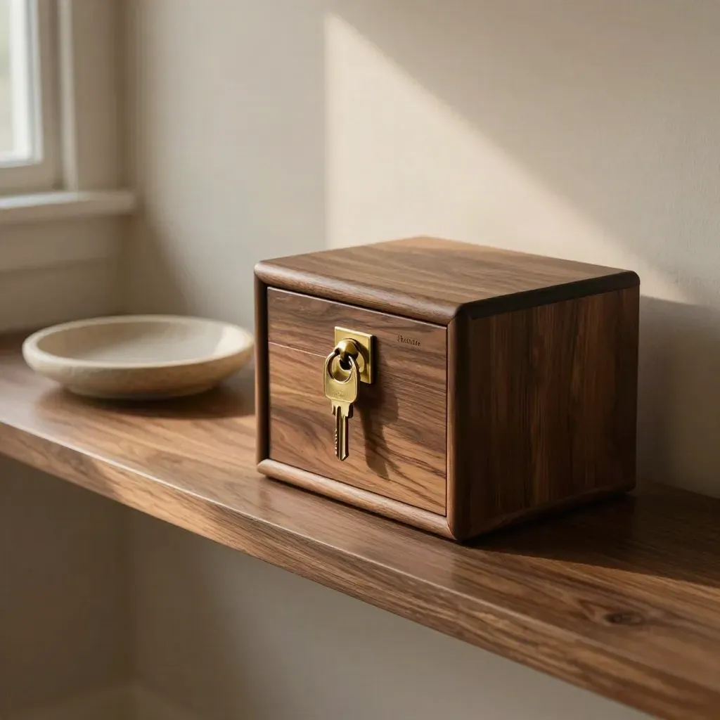 Cash reserve box, spare keys, and stone dish on a hall shelf in cool morning light