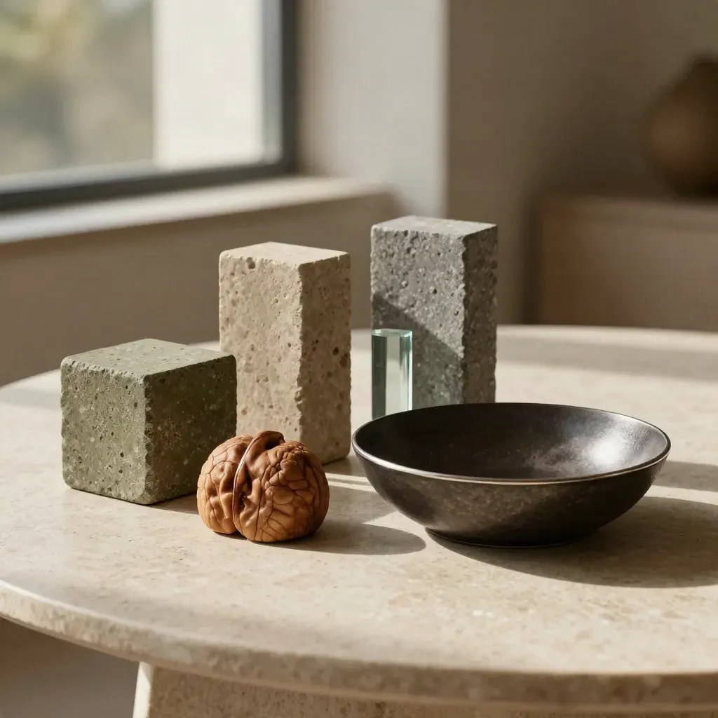 Four textured blocks beside a bowl on a pale table in warm window light