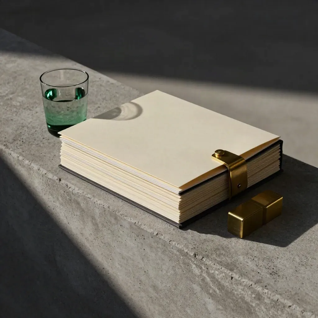 Year-end archive stack, brass paperweight and water glass on a concrete ledge in hard evening light.