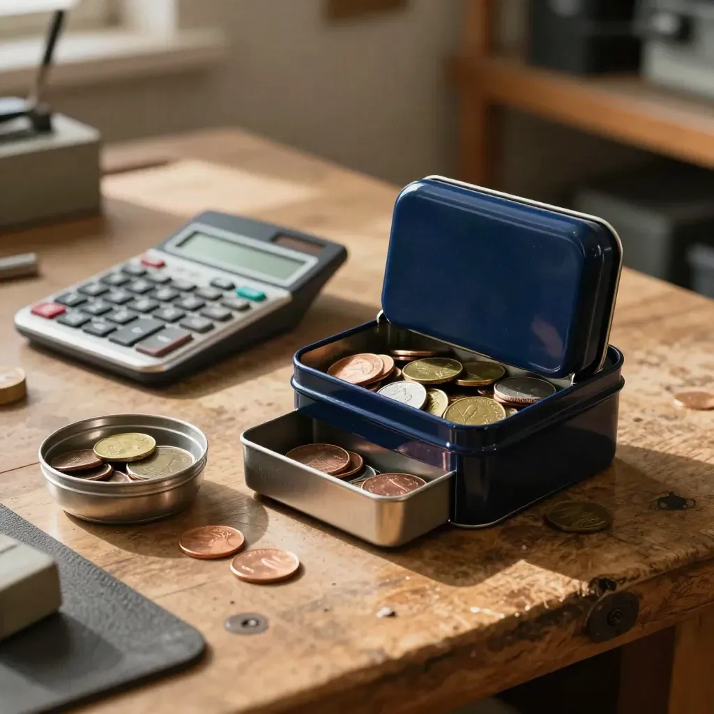 Deep navy cash tin with sorted coins, a face-down calculator, and a workbench