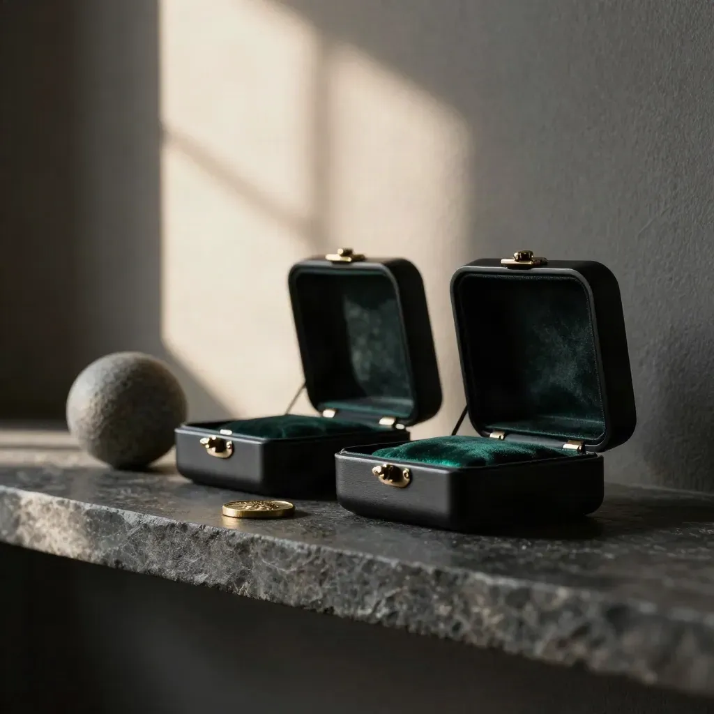 Open black investment cases with stone sphere and brass token on a dark shelf