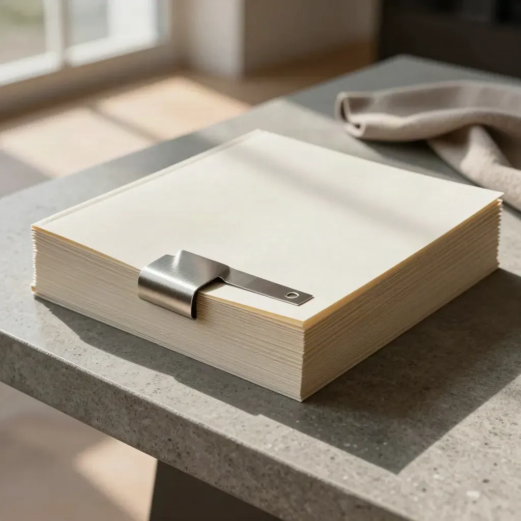 Cream quarterly report folios clipped on stone with folded wool cloth, lit by warm window light.