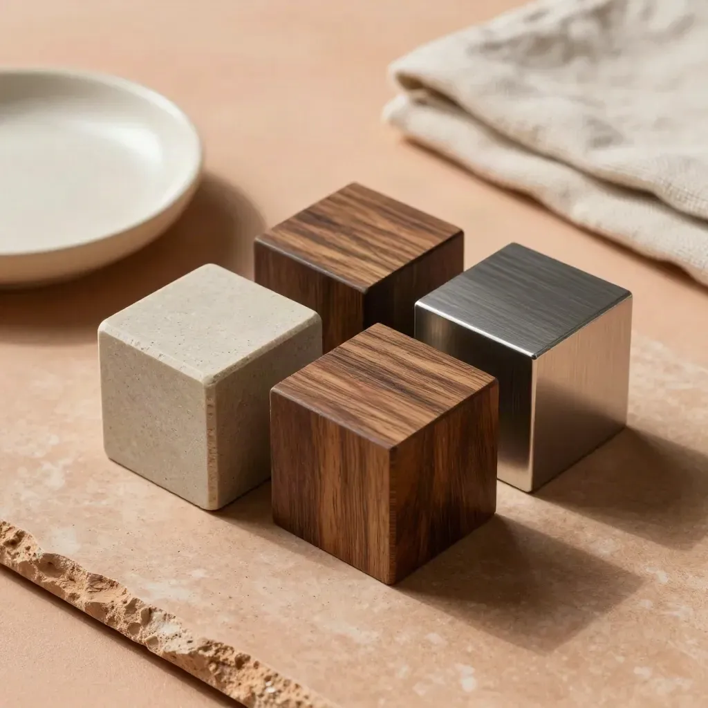 Top-down flatlay of stone, walnut and brushed metal cubes with dish and linen on terracotta plaster.