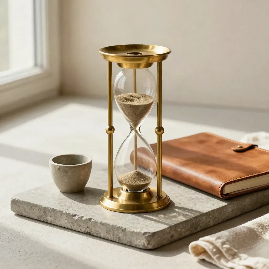 Brass hourglass on stone tray with leather notebook and stone cup, lit by soft window glow.