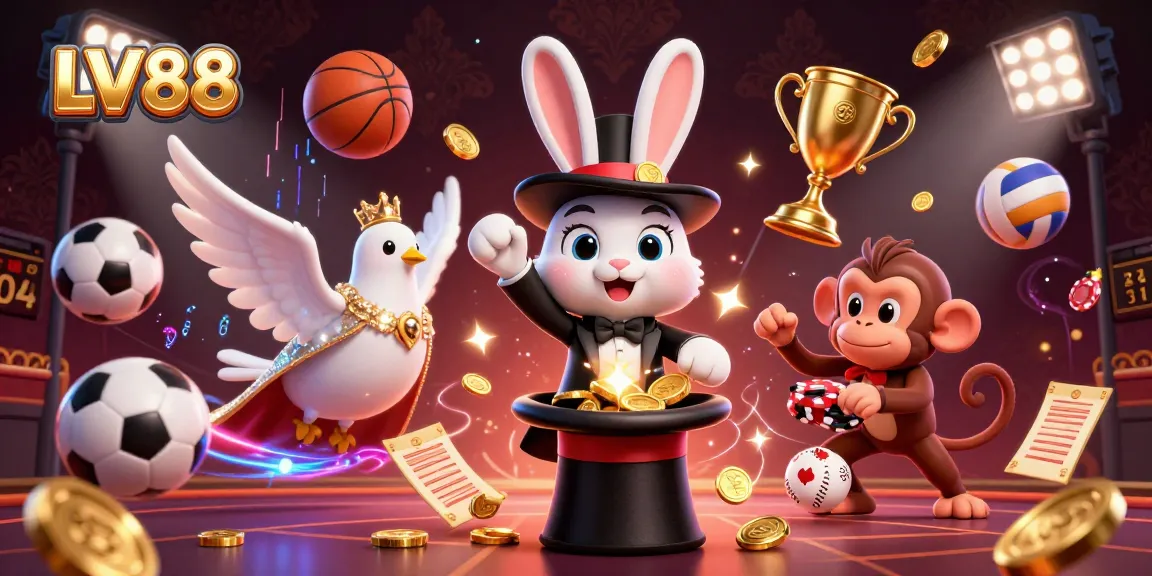 Engaging LV88 illustration showcasing a magician rabbit, glamorous dove, and playful monkey in an exciting casino scene.