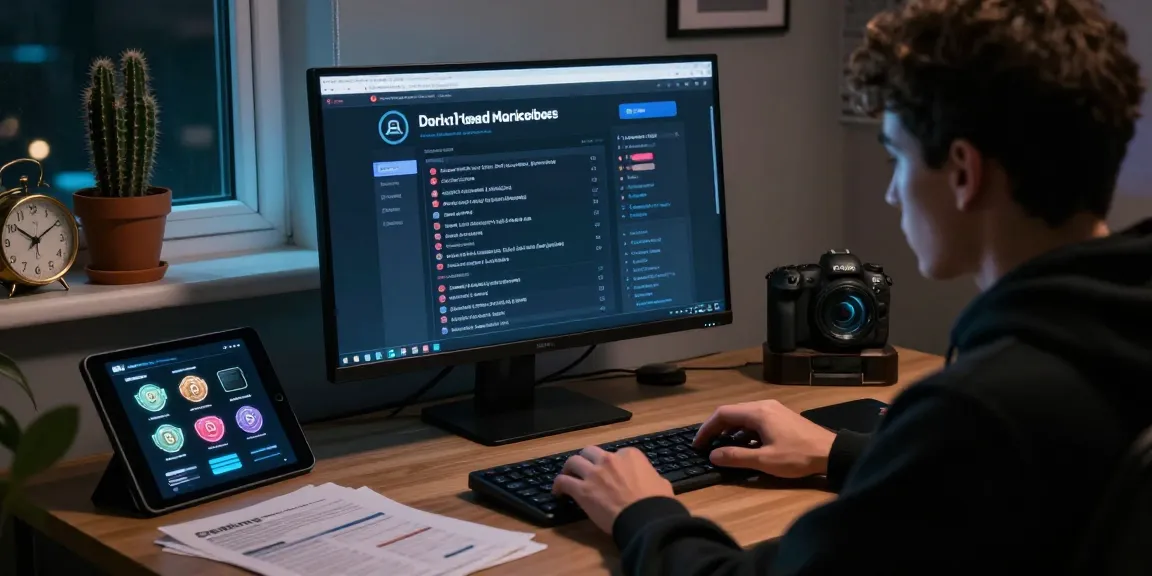 Person analyzing Torzon darknet market link and onion mirrors on a computer in a secure, dimly lit environment.