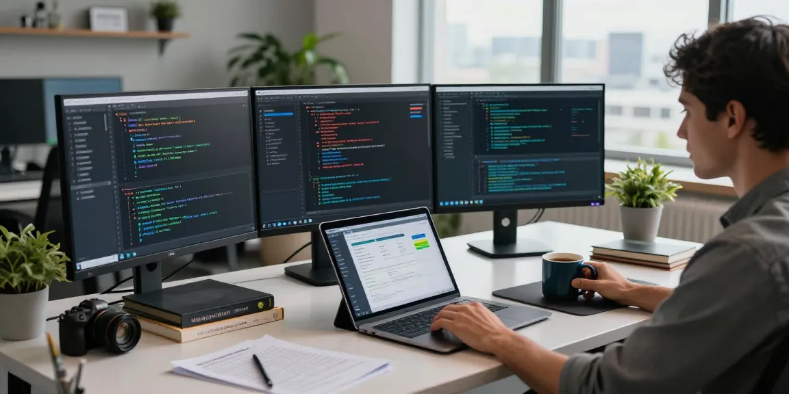 Developer engaged in coding and 纸飞机下载 app design at a modern workspace.