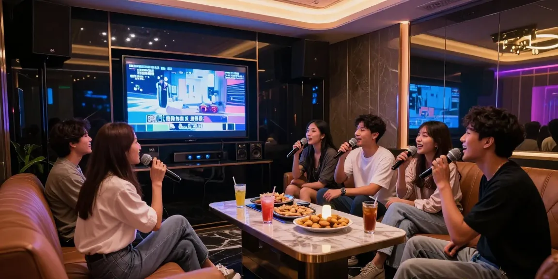 강남가라오케에서 친구들과 함께 노래를 부르며 즐기는 고급스러운 카라오케 룸 모습