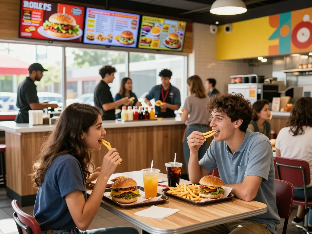 Fast food menu filled with colorful burgers, fries, and drinks in a lively dining scene