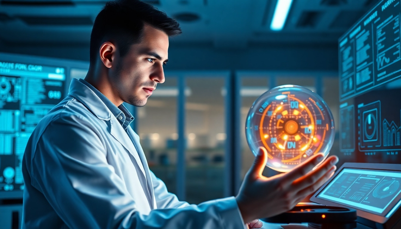 Image to prompt for a futuristic lab with a scientist and AI assistant.