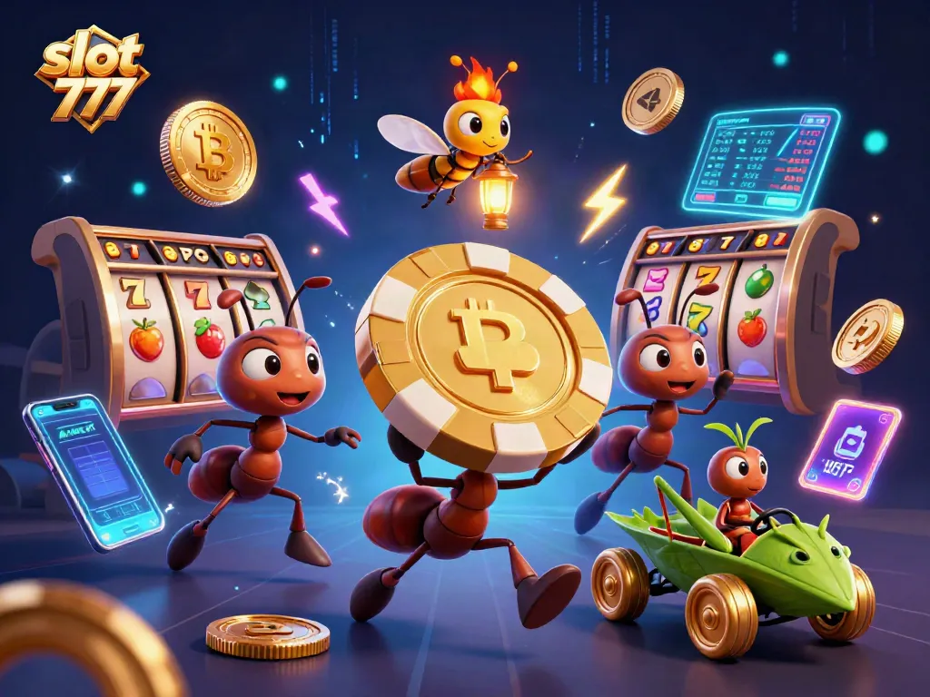 Slot 777 menawarkan pengalaman mendebarkan dengan simbol slot dan karakter ceria.