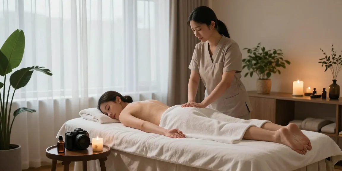 스웨디시 마사지 준비 중인 아늑한 스파 환경, 편안한 조명과 아로마 오일.