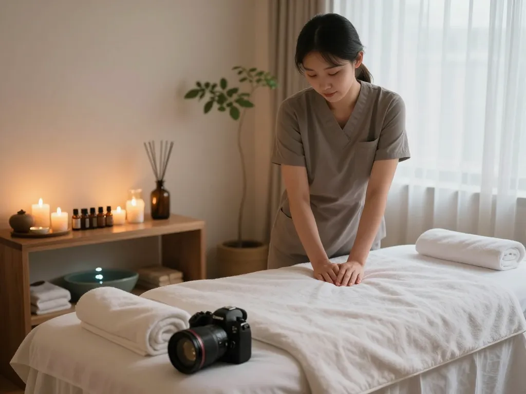 차분한 분위기와 필수 오일이 특징인 신사동마사지 치료를 위한 고요한 스파 룸 설정.