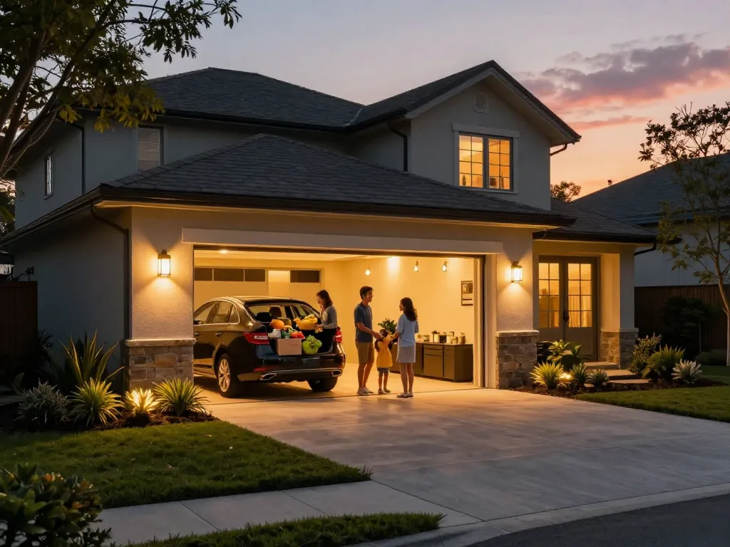 Outdoor garage lights illuminating a charming home at dusk, providing safety and style.