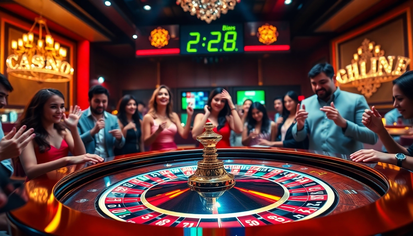 Scène passionnante de casino en ligne avec une table de roulette et des joueurs vibrants s'engageant dans le jeu.