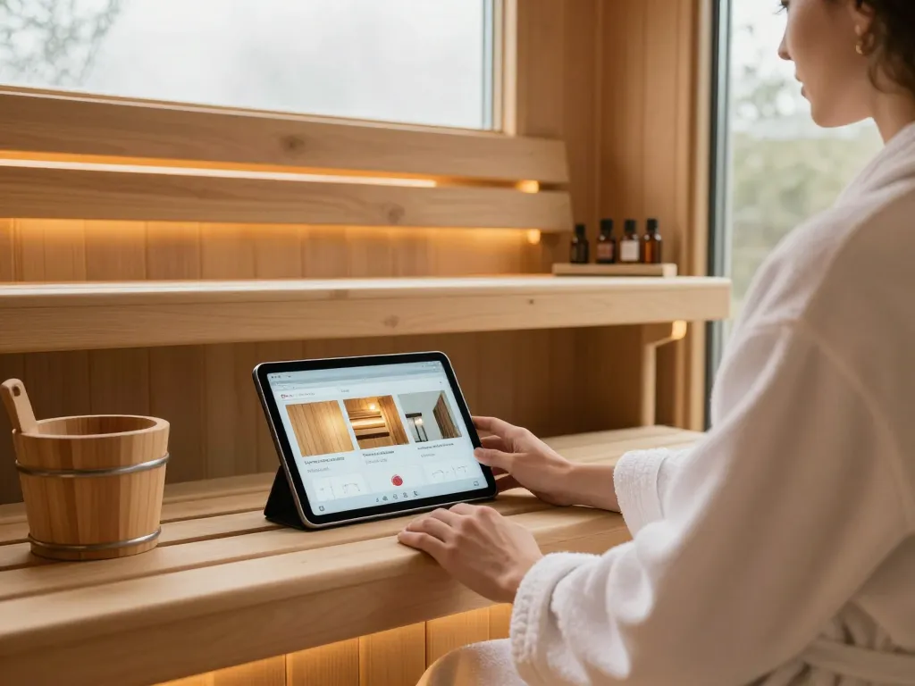 Sauna customization options are explored in a serene home sauna with a person using a tablet.