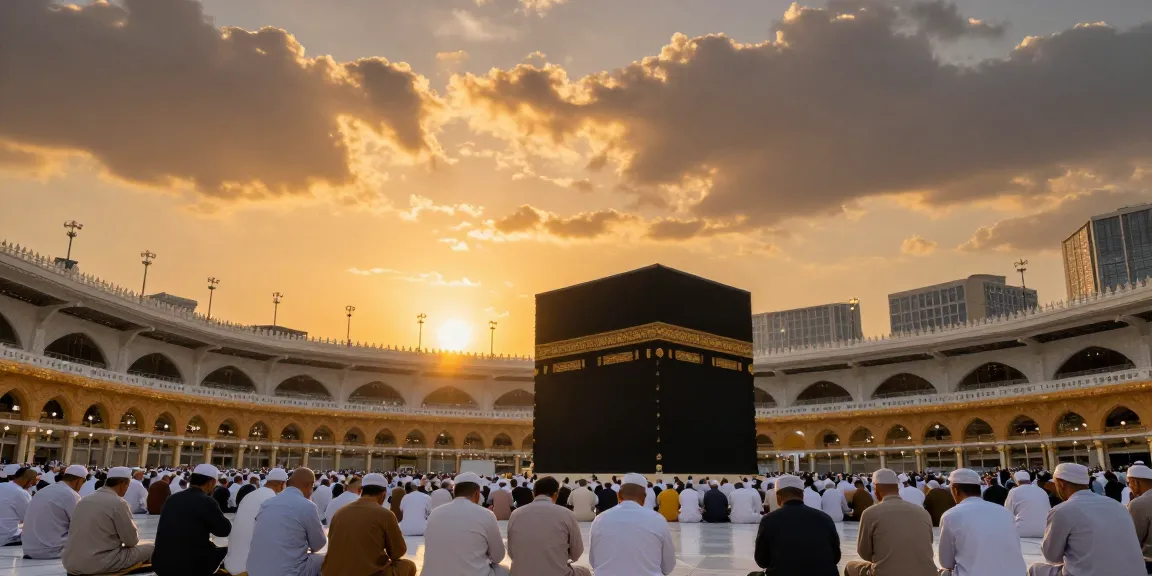 Umroh Itikaf experience in Makkah during golden hour, pilgrims gathered in prayer, spiritual journey, travel guide and destination exploration.