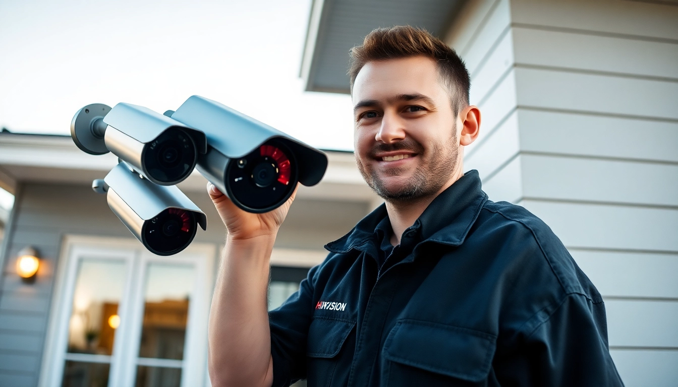 Cámaras de seguridad de alta tecnología instalándose por un técnico para la seguridad del hogar.