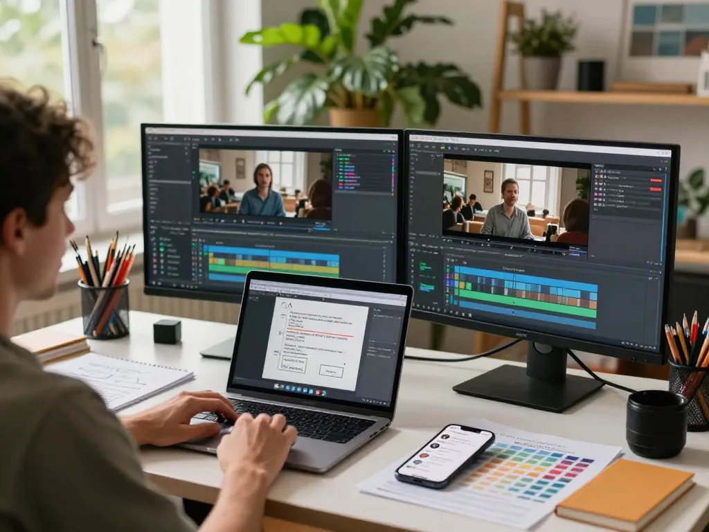 Transform video to prompt process shown in a modern workspace with video editing software and creative tools.