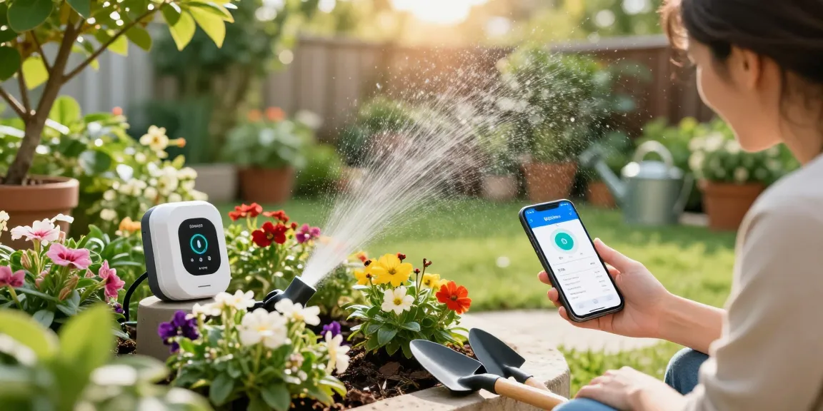 Homeowner adjusting the rainpoint smart sprinkler controller in a vibrant garden setting with lush plants.