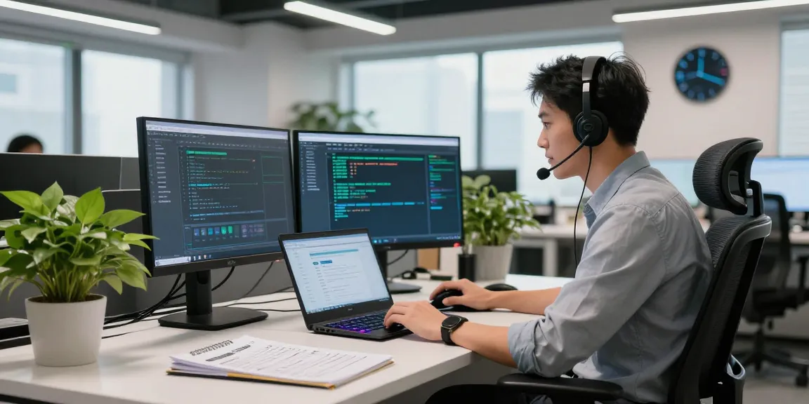 IT technician monitoring shs-dome5.com security status with dual monitors in a modern office.