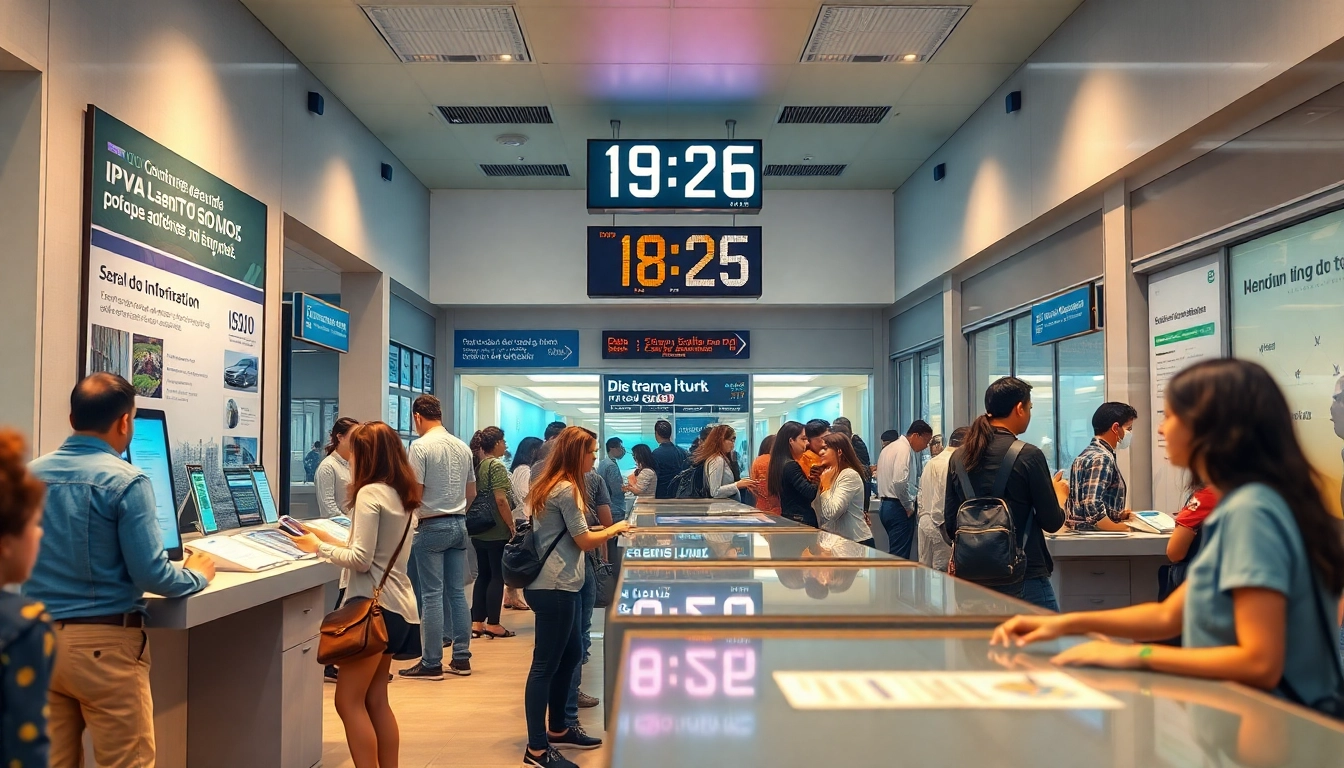 Engaging scene at a Detran GO office with families consulting IPVA 2026 calendar.