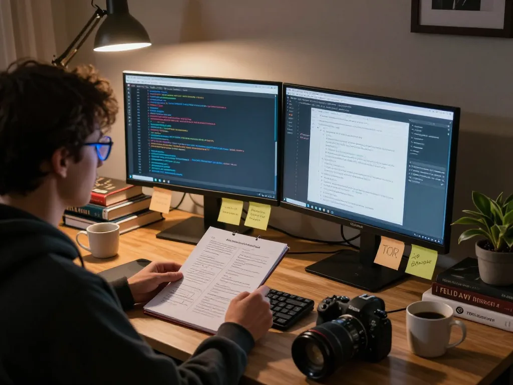 Analyzing hidden wiki links in a dark web research setting, showcasing computers, documents, and a cozy home office atmosphere.