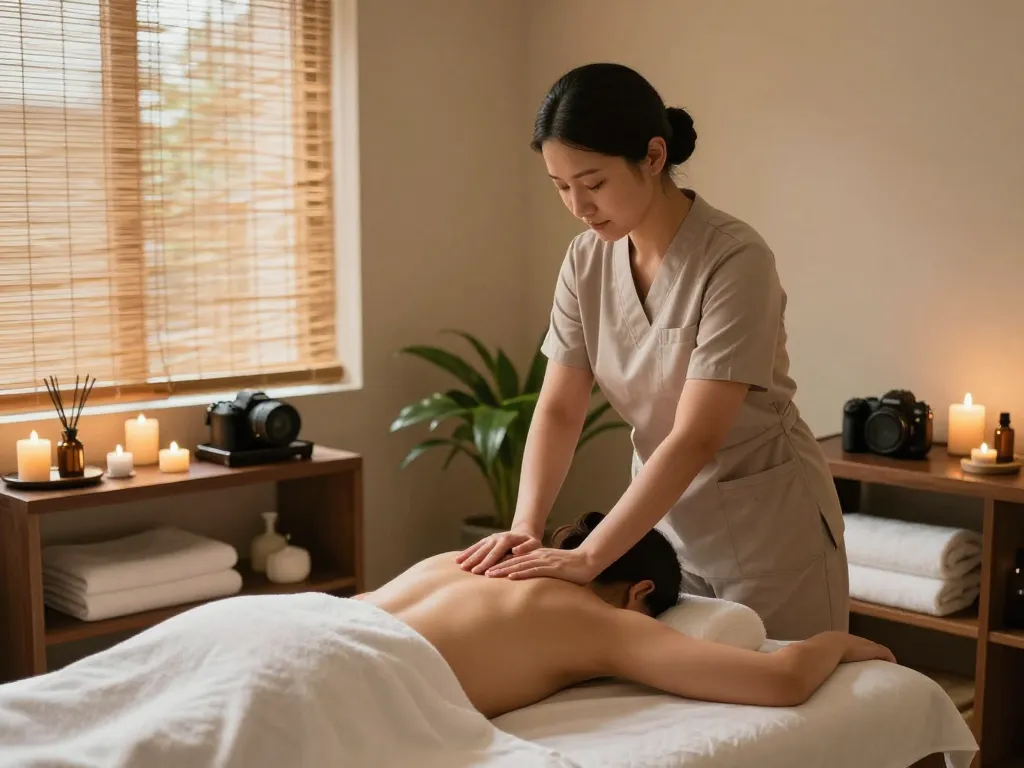 A tranquil 인계동마사지 scene featuring a skilled therapist and relaxing spa ambiance with warm lighting.