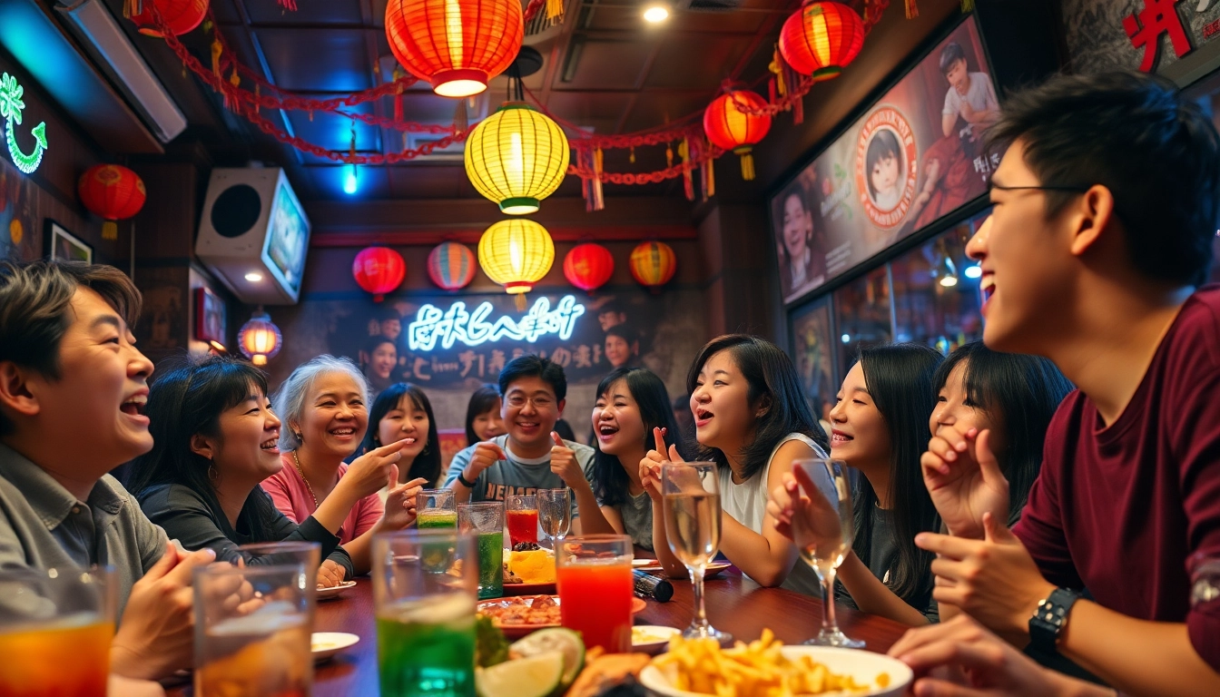 웃음과 음료, 음악으로 가득 찬 노래방의 매력적인 제주도유흥 장면.