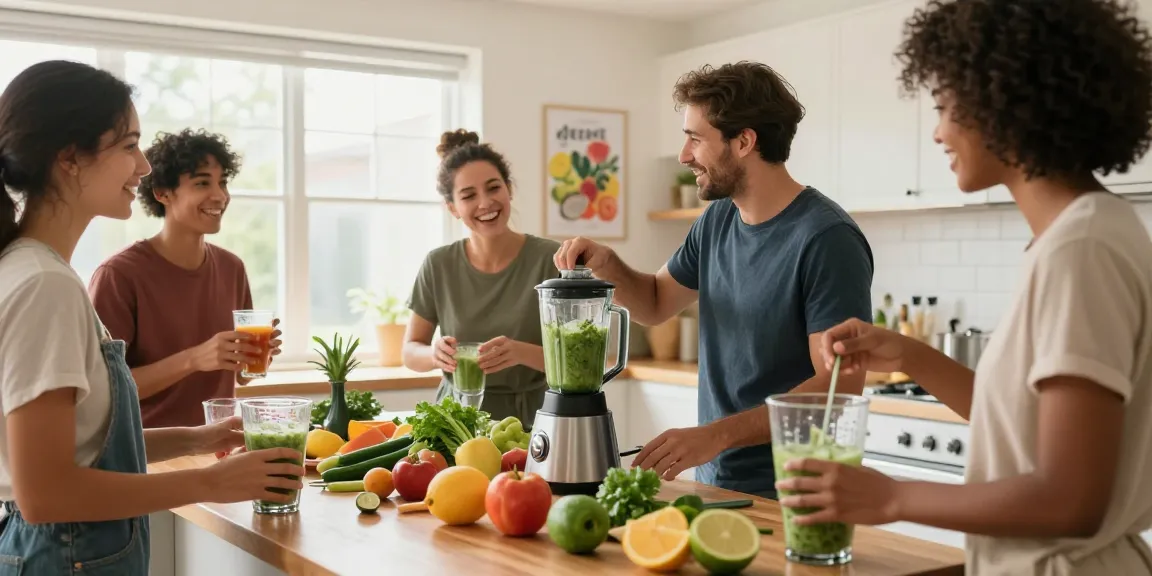 Friends making science-backed supplements in a bright kitchen, surrounded by fresh ingredients.