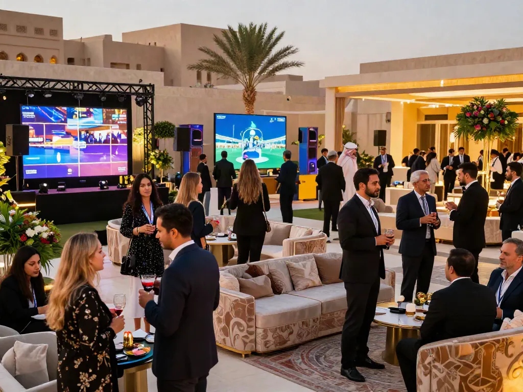 Event rental ksa featuring a luxurious outdoor corporate event setup with professional networking and elegant décor.
