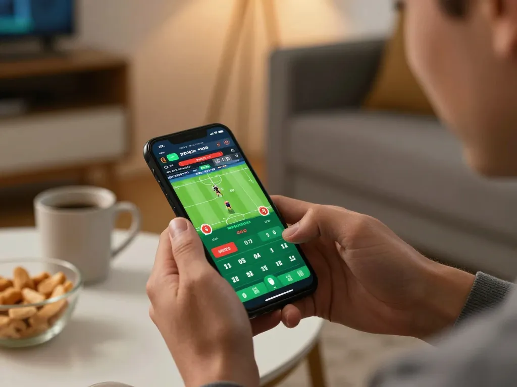 Nyalabet's sports betting app in action on smartphone, showcasing strategic betting decisions in a cozy home setting