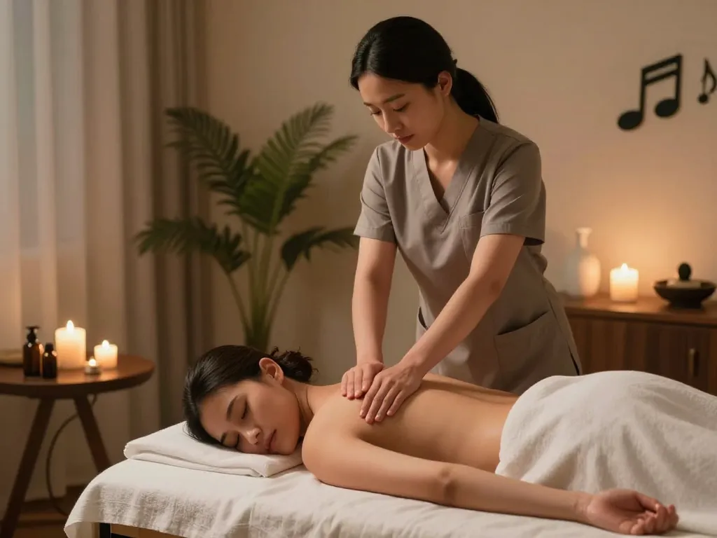 Relaxing 논현동마사지 scene with therapist and client in soothing spa atmosphere.