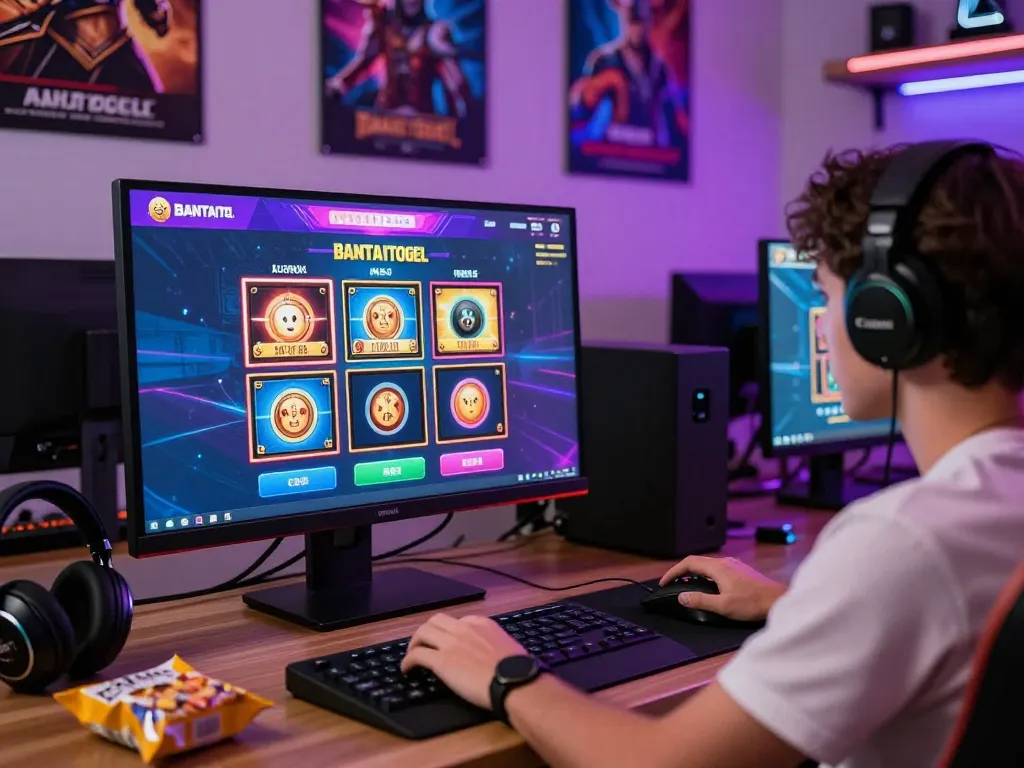 BANTAITOGEL online gaming experience with vibrant slots and user engagement in a cozy gaming room.