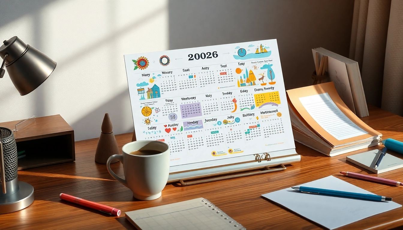 Explore a creative workspace with a free calendar 2026 showcasing colorful designs and vibrant stationery.