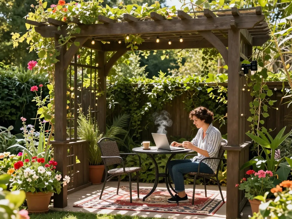 Elegant outdoor setting with a 3D pergola, a person enjoying coffee and laptop under string lights, lush garden backdrop.