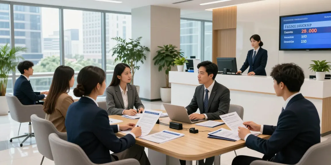 Banking scene illustrating clients discussing deposit 5000 options with advisors in a modern, professional environment.